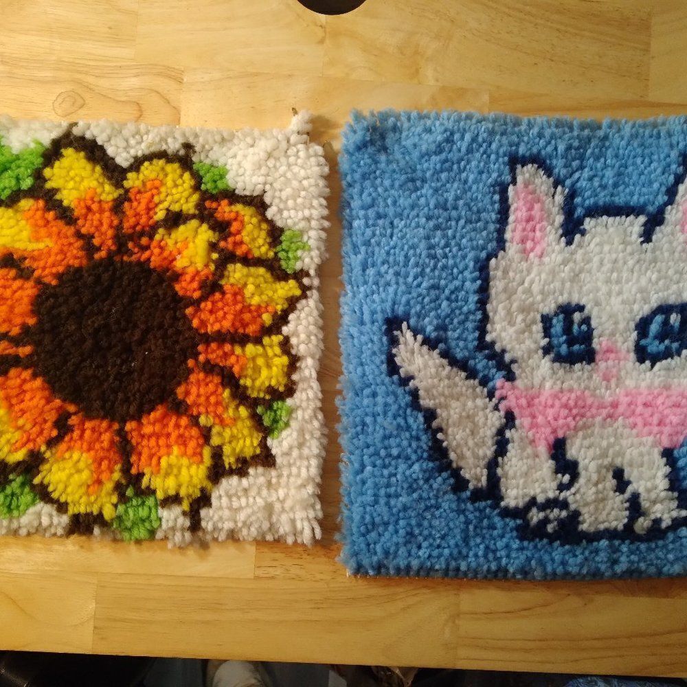 Vintage Sunflower Cat Kitten Latch Hook Fiber Art Wall Hanging (2)